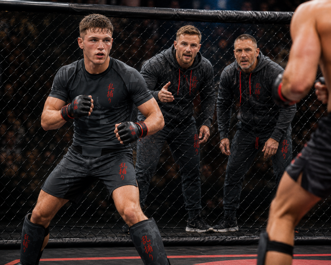 MMA-Wettkampfmoment im Käfig — Kämpfer in der Verteidigungsposition, Coaches an der Ecke